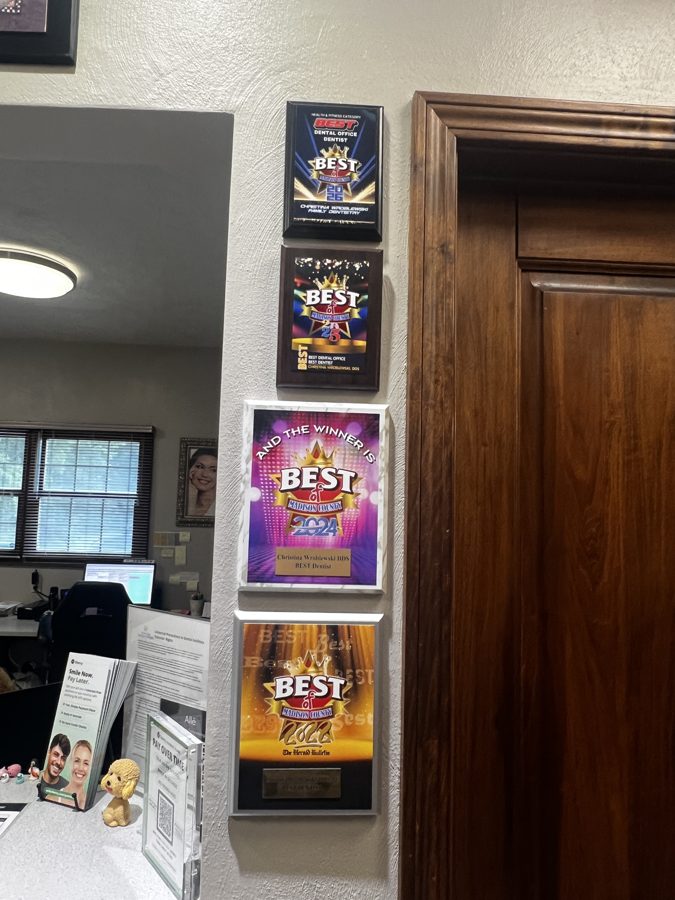 Our award plaques on display in the office